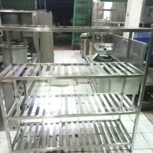 Rak stainless steel 4 susun jari-jari peniris ukuran 150x50x150 cm untuk restoran, catering, hotel, dan dapur komersial.