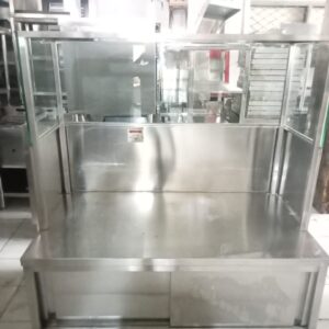 Meja kabinet etalase stainless steel dengan rak display atas berbahan stainless steel berkualitas untuk usaha kuliner.
